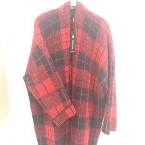 Cardigan- Knee length Navy & Red Plaid.